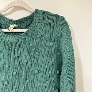 Flamingo Teal Green Popcorn Bobble Pom Pom Chunky Knit Sweater Womens L Crewneck